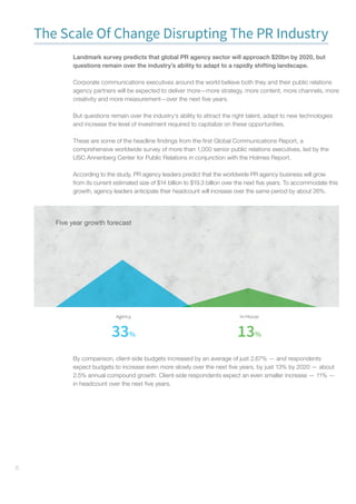 8
The Scale Of Change Disrupting The PR Industry
Landmark survey predicts that global PR agency sector will approach $20bn by 2020, but
questions remain over the industry’s ability to adapt to a rapidly shifting landscape.
Corporate communications executives around the world believe both they and their public relations
agency partners will be expected to deliver more—more strategy, more content, more channels, more
creativity and more measurement—over the next five years.
But questions remain over the industry’s ability to attract the right talent, adapt to new technologies
and increase the level of investment required to capitalize on these opportunities.
These are some of the headline findings from the first Global Communications Report, a
comprehensive worldwide survey of more than 1,000 senior public relations executives, led by the
USC Annenberg Center for Public Relations in conjunction with the Holmes Report.
According to the study, PR agency leaders predict that the worldwide PR agency business will grow
from its current estimated size of $14 billion to $19.3 billion over the next five years. To accommodate this
growth, agency leaders anticipate their headcount will increase over the same period by about 26%.
Agency In-House
33% 13%
Five year growth forecast
By comparison, client-side budgets increased by an average of just 2.67% — and respondents
expect budgets to increase even more slowly over the next five years, by just 13% by 2020 — about
2.5% annual compound growth. Client-side respondents expect an even smaller increase — 11% —
in headcount over the next five years.
 