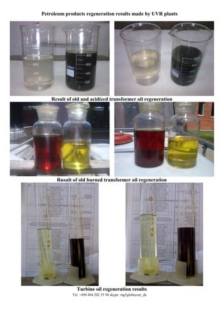 Tel. +494 484 202 35 94 skype: mg5globecore_de
Petroleum products regeneration results made by UVR plants
Result of old and acidized transformer oil regeneration
Rusult of old burned transformer oil regeneration
Turbine oil regeneration results
 