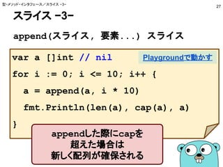 スライス −3−
append(スライス, 要素...) スライス
型・メソッド・インタフェース／スライス −3−
27
var a []int // nil
for i := 0; i <= 10; i++ {
a = append(a, i * 10)
fmt.Println(len(a), cap(a), a)
}
Playgroundで動かす
appendした際にcapを
超えた場合は
新しく配列が確保される
 