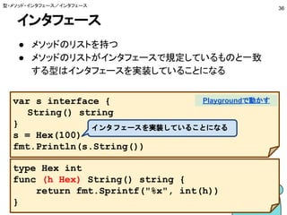 インタフェース
● メソッドのリストを持つ
● メソッドのリストがインタフェースで規定しているものと一致
する型はインタフェースを実装していることになる
型・メソッド・インタフェース／インタフェース
36
var s interface {
String() string
}
s = Hex(100)
fmt.Println(s.String())
type Hex int
func (h Hex) String() string {
return fmt.Sprintf("%x", int(h))
}
Playgroundで動かす
インタフェースを実装していることになる
 