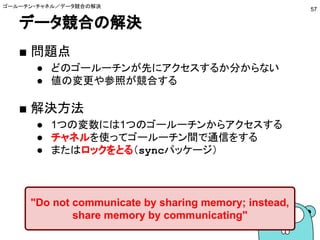 データ競合の解決
■ 問題点
● どのゴールーチンが先にアクセスするか分からない
● 値の変更や参照が競合する
■ 解決方法
● 1つの変数には1つのゴールーチンからアクセスする
● チャネルを使ってゴールーチン間で通信をする
● またはロックをとる（syncパッケージ）
ゴールーチン・チャネル／データ競合の解決
57
"Do not communicate by sharing memory; instead,
share memory by communicating"
 