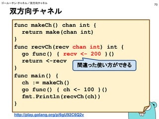 双方向チャネル
ゴールーチン・チャネル／双方向チャネル
70
func makeCh() chan int {
return make(chan int)
}
func recvCh(recv chan int) int {
go func() { recv <- 200 }()
return <-recv
}
func main() {
ch := makeCh()
go func() { ch <- 100 }()
fmt.Println(recvCh(ch))
}
http://play.golang.org/p/6gU92C6Q2v
間違った使い方ができる
 