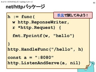 net/httpパッケージ
ネットワークプログラミング／net/httpパッケージ
80
h := func(
w http.ReponseWriter,
r *http.Request) {
fmt.Fprintf(w, "hello")
}
http.HandleFunc("/hello", h)
const a = ":8080"
http.ListenAndServe(a, nil)
手元で試してみよう！
 