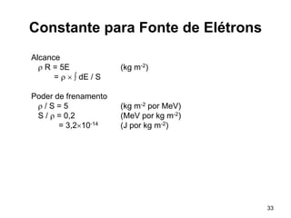 33
Constante para Fonte de Elétrons
Alcance
 R = 5E (kg m-2)
=    dE / S
Poder de frenamento
 / S = 5 (kg m-2 por MeV)
S /  = 0,2 (MeV por kg m-2)
= 3,210-14 (J por kg m-2)
 