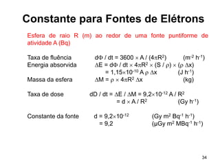 34
Constante para Fontes de Elétrons
Esfera de raio R (m) ao redor de uma fonte puntiforme de
atividade A (Bq)
Taxa de fluência d / dt = 3600  A / (4R2) (m-2 h-1)
Energia absorvida E = d / dt  4R2  (S / )  ( x)
= 1,1510-10 A  x (J h-1)
Massa da esfera M =   4R2 x (kg)
Taxa de dose dD / dt = E / M = 9,210-12 A / R2
= d  A / R2 (Gy h-1)
Constante da fonte d = 9,210-12 (Gy m2 Bq-1 h-1)
= 9,2 (µGy m2 MBq-1 h-1)
 
