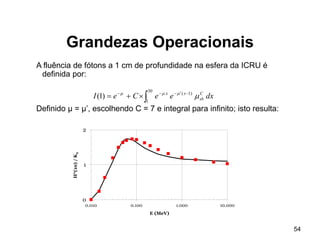 54
Grandezas Operacionais
A fluência de fótons a 1 cm de profundidade na esfera da ICRU é
definida por:
Definido µ = µ’, escolhendo C = 7 e integral para infinito; isto resulta:



30
1
)1(
)1( dxeeCeI C
sb
xx

0
1
2
0.010 0.100 1.000 10.000
H*(10)/Ka
E (MeV)
 