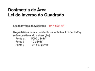 58
Dosimetria de Área
Lei do Inverso do Quadrado
Lei do Inverso do Quadrado H* = h A t / r2
Regra básica para a constante da fonte h a 1 m de 1 MBq
(não considerando a absorção)
Fonte α 5000 µSv h-1
Fonte  10 µSv h-1
Fonte  0,14 E µSv h-1
 