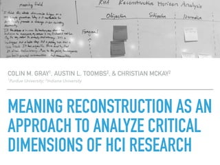 MEANING RECONSTRUCTION AS AN
APPROACH TO ANALYZE CRITICAL
DIMENSIONS OF HCI RESEARCH
COLIN M. GRAY1, AUSTIN L. TOOMBS2, & CHRISTIAN MCKAY2
1
Purdue University; 2
Indiana University
 