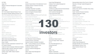 ACTIAM
Aegon NV
Alberta Investment Management Corporation
(AIMCo)
Amundi
AMP Capital
AP1 First Swedish National Pension Fund
AP2 Second Swedish National Pension Fund
AP3 Third Swedish National Pension Fund
AP4 Fourth Swedish National Pension Fund
AP7 Seventh Swedish National Pension Fund
Archbishops' Council
Armstrong Asset Management
ATP
Australian Ethical Investment
AustralianSuper
Aviva Investors
AXA
AXA IM
Baldwin Brothers Inc.
Bank J. Safra Sarasin
Bayerische Versorgungskammer
Bedfordshire Pension Fund
BMO Global Asset Management
BNP Paribas Investment Partners
Brawn Capital
Brown University Sustainable Investment Fund
BT Pension Scheme
California Public Employees' Retirement System
California State Teachers' Retirement System
Cathay Financial Holding Co., Ltd.
Catholic Super CBRE Global Investors
Cbus Super
CCLA
Central Finance Board of the Methodist Church
Christian Brothers Investment Services
Christian Super
Christopher Reynolds Foundation
Church Commissioners for England
Church of England Pensions Board
Church of Sweden
Connecticut Retirement Plans and Trust Funds
Dana Investment Advisors
Danske Bank Asset Management
Danske Civil- og Akademiingeniørers
Pensionskasse
Deutsche Asset Management
Dragon Capital
EdenTree Investment Management Ltd.
Encourage Capital
Environment Agency Pension Fund
Epworth Investment Management Ltd
ERAFP
ESSSuper
ETF Partners
Eureka Funds Management
First Affirmative Financial Network
Friends Fiduciary Corporation
Friends Provident Charitable Foundation
FRR - Fonds de Réserve pour les Retraites
Greater Manchester Pension Fund
Henderson Global Investors
Hermes Investment Management
HESTA
HSBC Global Asset Management
IFM Investors
Impax Asset Management
Inflection Point Capital Management
Insight Investment
Jesuits in Britain
Juristernes og Økonomernes Pensionskasse
Kempen Capital Management
L&G Investment Management
Local Government Super
London Pensions Fund Authority
Mercer
Merseyside Pension Fund
Miller/Howard Investments, Inc.
Mirova MN Nanuk Asset Management Pty Ltd
Natixis Asset Management
NEI Investments
New York City Comptroller
New York State Common Retirement Fund
New Zealand Superannuation Fund
NextEnergy Capital
Nordea Wealth Management
North East Scotland Pension Fund
OFI
Ohman
Old Mutual Global Investors
OPTrust Oregon State Treasurer
OTTP
Pax World Management LLC
PensionDanmark
PGGM
PKA
Plater Trust
Railpen Investments
Rathbone Greenbank Investments
Representative Body of the Church of Ireland
Reynders, McVeigh Capital Management
Robeco
Russell Investments
Sisters of St. Dominic of Caldwell, New Jersey
Sonen Capital
South Yorkshire Pensions Authority
Stafford Sustainable Capital
Statewide Super
Tellus Mater Foundation
Temporis Capital LLP
The Barrow Cadbury Trust
The Joseph Rowntree Charitable Trust
The Pensions Trust
The Sustainability Group at Loring, Wolcott and
Coolidge
The United Reformed Church
Trillium Asset Management
Trustees of Amherst College
Unipension FAIF A/S
Unitarian Universalist Association
USS
Veris Wealth Partners
VicSuper
Vision Super Pty Ltd
Walden Asset Management
Wespath Benefits and Investments
West Midlands Pension Fund
West Yorkshire Pension Fund
WHEB
130
investors
 