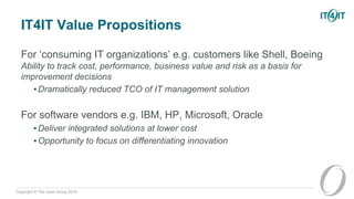 Copyright © The Open Group 2016
IT4IT Value Propositions
For ‘consuming IT organizations’ e.g. customers like Shell, Boeing
Ability to track cost, performance, business value and risk as a basis for
improvement decisions
▪Dramatically reduced TCO of IT management solution
For software vendors e.g. IBM, HP, Microsoft, Oracle
▪Deliver integrated solutions at lower cost
▪Opportunity to focus on differentiating innovation
 