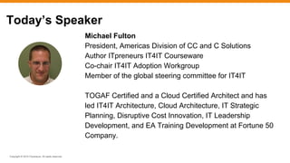 Copyright © 2015 ITpreneurs. All rights reserved.
Michael Fulton
President, Americas Division of CC and C Solutions
Author ITpreneurs IT4IT Courseware
Co-chair IT4IT Adoption Workgroup
Member of the global steering committee for IT4IT
TOGAF Certified and a Cloud Certified Architect and has
led IT4IT Architecture, Cloud Architecture, IT Strategic
Planning, Disruptive Cost Innovation, IT Leadership
Development, and EA Training Development at Fortune 50
Company.
Today’s Speaker
 
