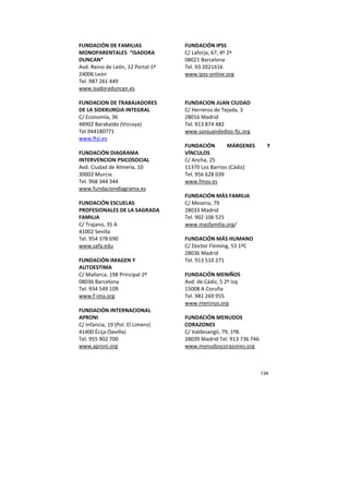 134
FUNDACIÓN DE FAMILIAS
MONOPARENTALES “ISADORA
DUNCAN”
Avd. Reino de León, 12 Portal 1º
24006 León
Tel. 987 261 449
www.isadoraduncan.es
FUNDACION DE TRABAJADORES
DE LA SIDERURGIA INTEGRAL
C/ Economía, 36
48902 Barakaldo (Vizcaya)
Tel.944180771
www.ftsi.es
FUNDACIÓN DIAGRAMA
INTERVENCION PSICOSOCIAL
Avd. Ciudad de Almería, 10
30002 Murcia
Tel. 968 344 344
www.fundaciondiagrama.es
FUNDACIÓN ESCUELAS
PROFESIONALES DE LA SAGRADA
FAMILIA
C/ Trajano, 35 A
41002 Sevilla
Tel. 954 378 690
www.safa.edu
FUNDACIÓN IMAGEN Y
AUTOESTIMA
C/ Mallorca, 198 Principal 2º
08036 Barcelona
Tel. 934 549 109
www.f-ima.org
FUNDACIÓN INTERNACIONAL
APRONI
C/ Infancia, 19 (Pol. El Limero)
41400 Écija (Sevilla)
Tel. 955 902 700
www.aproni.org
FUNDACIÓN IPSS
C/ Laforja, 67, 4º 2ª
08021 Barcelona
Tel. 93 2021616
www.ipss-online.org
FUNDACION JUAN CIUDAD
C/ Herreros de Tejada, 3
28016 Madrid
Tel. 913 874 482
www.sanjuandedios-fjc.org
FUNDACIÓN MÁRGENES Y
VÍNCULOS
C/ Ancha, 25
11370 Los Barrios (Cádiz)
Tel. 956 628 039
www.fmyv.es
FUNDACIÓN MÁS FAMILIA
C/ Mesena, 79
28033 Madrid
Tel. 902 106 525
www.masfamilia.org/
FUNDACIÓN MÁS HUMANO
C/ Doctor Fleming, 53 1ºC
28036 Madrid
Tel. 913 510 271
FUNDACIÓN MENIÑOS
Avd. de Cádiz, 5 2º Izq
15008 A Coruña
Tel. 981 269 955
www.meninos.org
FUNDACIÓN MENUDOS
CORAZONES
C/ Valdesangil, 79, 1ºB.
28039 Madrid Tel. 913 736 746
www.menudoscorazones.org
 
