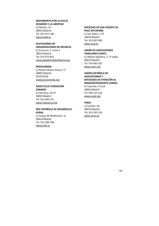 136
MOVIMIENTO POR LA PAZ EL
DESARME Y LA LIBERTAD
C/ Martos, 15
28053 Madrid
Tel. 915 077 168
www.mpdl.es
PLATAFORMA DE
ORGANIZACIONES DE INFANCIA
C/ Escosura, 3 Local 2
28015 Madrid
Tel. 914 477 853
www.plataformadeinfancia.org
PROVIVIENDA
C/ Rafael Salazar Alonso, 17
28007 Madrid
915570130
www.provivienda.org
RADIO ECCA FUNDACIÓN
CANARIA
C/ Geranios, 30 2º
28029 Madrid
Tel. 914 443 131
www.radioecca.org
RED ESPAÑOLA DE DESARROLLO
RURAL
C/ Duque de Medinaceli, 12
28014 Madrid
Tel. 911 289 748
SOCIEDAD DE SAN VICENTE DE
PAÚL EN ESPAÑA
C/ San Pedro, 3 2º
28014 Madrid
Tel. 913 697 990
www.ssvp.es
UNIÓN DE ASOCIACIONES
FAMILIARES (UNAF)
C/ Alberto Aguilera, 3 1º Izqda.
28015 Madrid
Tel. 914 463 162
www.unaf..org
UNIÓN ESPAÑOLA DE
ASOCIACIONES Y
ENTIDADES DE ATENCIÓN AL
DROGODEPENDIENTE (UNAD)
C/ Canarias, 9 Local
28045 Madrid
Tel. 902 313 314
www.unad.org
YMCA
C/ Castillo, 24,
28010 Madrid
Tel. 913 192 126
www.ymca.es
www.redr.es
 