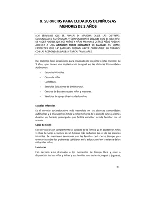 86
X. SERVICIOS PARA CUIDADOS DE NIÑOS/AS
MENORES DE 3 AÑOS
SON SERVICIOS QUE SE PONEN EN MARCHA DESDE LAS DISTINTAS
COMUNIDADES AUTÓNOMAS Y CORPORACIONES LOCALES CON EL OBJETIVO
DE HACER POSIBLE QUE LOS NIÑOS Y NIÑAS MENORES DE TRES AÑOS PUEDAN
ACCEDER A UNA ATENCIÓN SOCIO EDUCATIVA DE CALIDAD, ASÍ COMO
FAVORECER QUE LAS FAMILIAS PUEDAN HACER COMPATIBLE SU TRABAJO
CON LAS RESPONSABILIDADES Y TAREAS FAMILIARES.
Hay distintos tipos de servicios para el cuidado de los niños y niñas menores de
3 años, que tienen una implantación desigual en las distintas Comunidades
Autónomas:
- Escuelas infantiles.
- Casas de niños.
- Ludotecas.
- Servicios Educativos de ámbito rural.
- Centros de Encuentro para niños y mayores.
- Servicios de apoyo directo a las familias.
Escuelas Infantiles
Es el servicio socioeducativo más extendido en las distintas comunidades
autónomas y a él acuden los niños y niñas menores de 3 años de lunes a viernes
durante un horario prolongado que facilita conciliar la vida familiar con el
trabajo.
Casas de niños
Este servicio es un complemento al cuidado de la familia y a él acuden los niños
y niñas de lunes a viernes en un horario más reducido que el de las escuelas
infantiles. Se mantienen reuniones con las familias cada cierto tiempo para
orientarlas sobre los problemas cotidianos en la educación y en la crianza de los
niños y las niñas.
Ludotecas
Este servicio está destinado a los momentos de tiempo libre y pone a
disposición de los niños y niñas y sus familias una serie de juegos o juguetes,
 