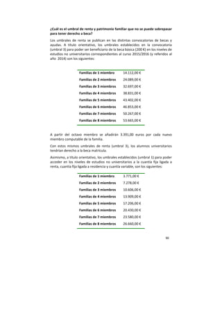 90
¿Cuál es el umbral de renta y patrimonio familiar que no se puede sobrepasar
para tener derecho a beca?
Los umbrales de renta se publican en las distintas convocatorias de becas y
ayudas. A título orientativo, los umbrales establecidos en la convocatoria
(umbral 3) para poder ser beneficiario de la beca básica (200 €) en los niveles de
estudios no universitarios correspondientes al curso 2015/2016 (y referidos al
año 2014) son los siguientes:
Familias de 1 miembro 14.112,00 €
Familias de 2 miembros 24.089,00 €
Familias de 3 miembros 32.697,00 €
Familias de 4 miembros 38.831,00 €
Familias de 5 miembros 43.402,00 €
Familias de 6 miembros 46.853,00 €
Familias de 7 miembros 50.267,00 €
Familias de 8 miembros 53.665,00 €
A partir del octavo miembro se añadirán 3.391,00 euros por cada nuevo
miembro computable de la familia.
Con estos mismos umbrales de renta (umbral 3), los alumnos universitarios
tendrían derecho a la beca matrícula.
Asimismo, a título orientativo, los umbrales establecidos (umbral 1) para poder
acceder en los niveles de estudios no universitarios a la cuantía fija ligada a
renta, cuantía fija ligada a residencia y cuantía variable, son los siguientes:
Familias de 1 miembro 3.771,00 €
Familias de 2 miembros 7.278,00 €
Familias de 3 miembros 10.606,00 €
Familias de 4 miembros 13.909,00 €
Familias de 5 miembros 17.206,00 €
Familias de 6 miembros 20.430,00 €
Familias de 7 miembros 23.580,00 €
Familias de 8 miembros 26.660,00 €
 