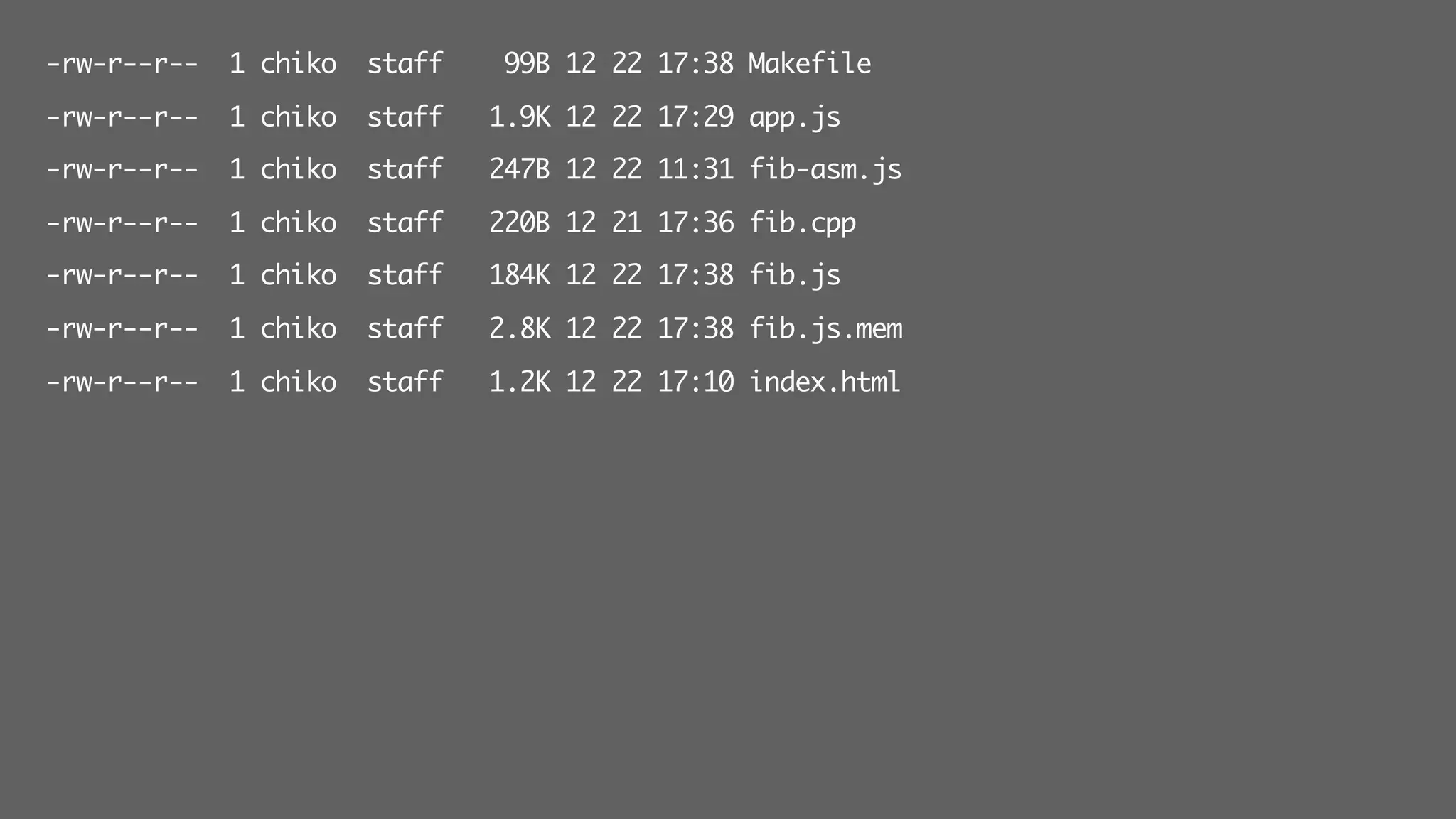 -rw-r--r-- 1 chiko staff 99B 12 22 17:38 Makefile
-rw-r--r-- 1 chiko staff 1.9K 12 22 17:29 app.js
-rw-r--r-- 1 chiko staff 247B 12 22 11:31 fib-asm.js
-rw-r--r-- 1 chiko staff 220B 12 21 17:36 fib.cpp
-rw-r--r-- 1 chiko staff 184K 12 22 17:38 fib.js
-rw-r--r-- 1 chiko staff 2.8K 12 22 17:38 fib.js.mem
-rw-r--r-- 1 chiko staff 1.2K 12 22 17:10 index.html
 