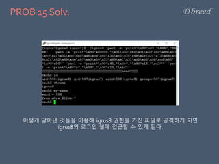 PROB 15 Solv.
이렇게 알아낸 것들을 이용해 igrus8 권한을 가진 파일로 공격하게 되면
igrus8의 로그인 쉘에 접근할 수 있게 된다.
 