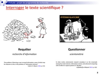 2
Interroger	le	texte	scien.ﬁque	?	
Prélude	:	projet	de	programme	de	recherche	
Requêter	
recherche	d’informa.on	
Ques+onn...