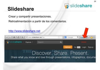 Crear y compartir presentaciones.
Retroalimentación a partir de los comentarios.
http://www.slideshare.net
Slideshare
29
 