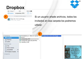 Si un usuario añade archivos, todos los
invitados en esa carpeta los podremos
utilizar.
Dropbox
65
1
2
 