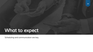 What to expect
Scheduling and communication are key.
19
 