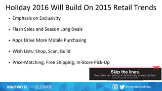 • Emphasis on Exclusivity
• Flash Sales and Season Long Deals
• Apps Drive More Mobile Purchasing
• Wish Lists: Shop, Scan, Build
• Price-Matching, Free Shipping, In-Store Pick-Up
Holiday 2016 Will Build On 2015 Retail Trends
 