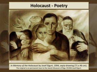 In Memory of the Holocaust by Josef Elgurt, 1994, sepia-drawing (71 x 46 cm).
The original is on permanent loan to the Jewish Museum of Riga. ©1994 Josef Elgurt.
 