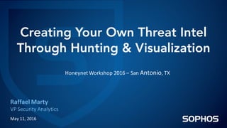 Creating Your Own Threat Intel
Through Hunting & Visualization
Raffael	Marty
VP	Security	Analytics
May	11,	2016
Honeynet Workshop	2016	– San	Antonio,	TX
 
