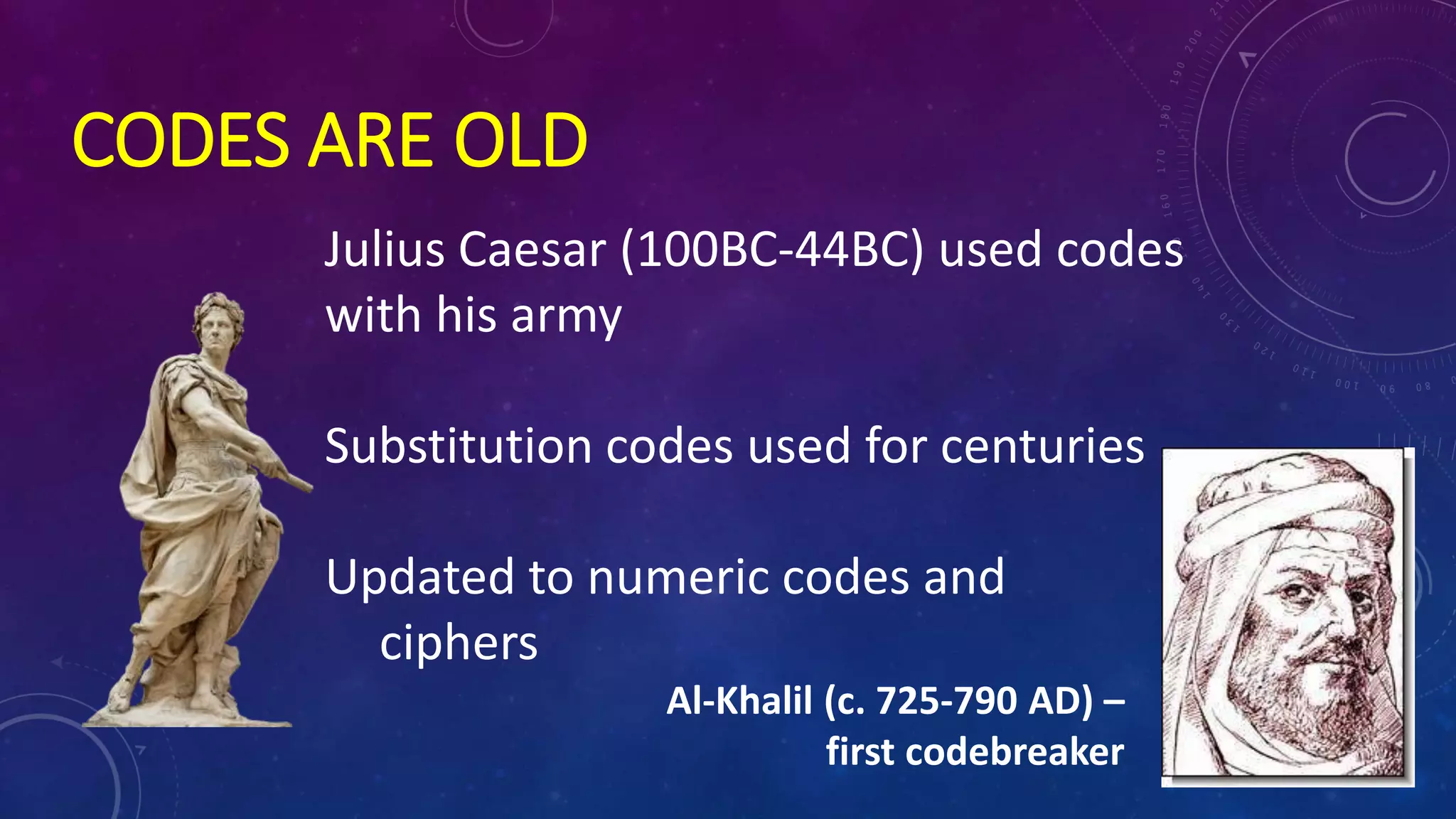CODES ARE OLD
Julius Caesar (100BC-44BC) used codes
with his army
Substitution codes used for centuries
Updated to numeric codes and
ciphers
Al-Khalil (c. 725-790 AD) –
first codebreaker
 