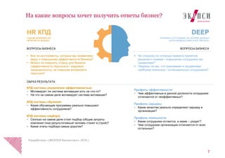 ВОПРОСЫ БИЗНЕСА ВОПРОСЫ БИЗНЕСА
7
На какие вопросы хочет получить ответы бизнес?
Разработано «ЭКОПСИ Консалтинг», 2016 г.
ОБРАЗ РЕЗУЛЬТАТА
 Все ли инструменты, которые мы применяем,
ведут к повышению эффективности бизнеса?
 Можно ли повысить отдачу для бизнеса
(эффективность персонала / кадровую
защищенность), не повышая вложений в
персонал?
 Не слишком ли сложные правила принятия
решения о приеме / повышении сотрудника мы
применяем?
 Уверены ли мы, что принимаем и продвигаем
наиболее лояльных / потенциальных сотрудников?
КПД системы управления эффективностью:
- Мотивирует ли система мотивации хоть на что-то?
- На что на самом деле мотивирует система мотивации?
КПД системы обучения:
- Какие обучающие программы реально повышают
эффективность сотрудников?
КПД системы подбора:
- Сколько на самом деле стоит подбор (общие затраты
компании пока результативный человек станет в строй)?
- Какие этапы подбора самые дорогие?
Профиль эффективности:
- Чем эффективные в данной должности сотрудники
отличаются от неэффективных?
Профиль карьеры:
- Какие качества реально определяют карьеру в
организации?
Профиль лояльности
- Какие сотрудники остаются, а какие – уходят?
- Чем сотрудники организации отличаются от всех
остальных?
HR КПД
ОЦЕНКА ВЛИЯНИЯ HR-
ПРАКТИК НА БИЗНЕС
DEEP
ПРОФИЛЬ СОТРУДНИКА НА ОСНОВЕ ДАННЫХ
(DATA-ENABLED EMPLOYEE PROFILE)
 