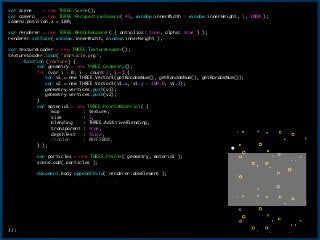 var	 scene	 	 	 	 =	 new	 THREE.Scene();

var	 camera	 	 	 =	 new	 THREE.PerspectiveCamera(	 45,	 window.innerWidth	 /	 window.innerHeight,	 1,	 1000	 );

camera.position.z	 =	 100;

!
var	 renderer	 =	 new	 THREE.WebGLRenderer(	 {	 antialias:	 true,	 alpha:	 true	 }	 );

renderer.setSize(	 window.innerWidth,	 window.innerHeight	 );

!
var	 textureLoader	 =	 new	 THREE.TextureLoader();

textureLoader.load(	 'particle.png',

	  function	 (texture)	 {

	  	  var	 geometry	 =	 new	 THREE.Geometry();

	  	  for	 (var	 i	 =	 0;	 i	 <	 count/2;	 i++)	 {

	  	  	 	 	 var	 v1	 =	 new	 THREE.Vector3(getRandomNum(),	 getRandomNum(),	 getRandomNum());

	  	  	 	 	 var	 v2	 =	 new	 THREE.Vector3(v1.x,	 v1.y	 -	 100.0,	 v1.z);

	  	  	 	 	 geometry.vertices.push(v1);

	  	  	 	 	 geometry.vertices.push(v2);

	  	  }

	  	  var	 material	 =	 new	 THREE.PointsMaterial(	 {

	  	  	  map	 	 	 	 	 	 	 	 	 :	 texture,

	  	  	  size	 	 	 	 	 	 	 	 :	 3,

	  	  	  blending	 	 	 	 :	 THREE.AdditiveBlending,

	  	  	  transparent	 :	 true,

	  	  	  depthTest	 	 	 :	 false,

	  	  	  //color	 	 	 	 	 :	 0XFF5B00,

	  	  }	 );

!
	  	  var	 particles	 =	 new	 THREE.Points(	 geometry,	 material	 );

	  	  scene.add(	 particles	 );

!
	  	  document.body.appendChild(	 renderer.domElement	 );

!
	  	  var	 render	 =	 function	 (time)	 {

	  	  	  requestAnimationFrame(	 render	 );

	  	  	  var	 yPos	 =	 particles.position.y;

	  	  	  particles.position.y	 =	 (yPos	 >	 100)	 ?	 0	 :	 yPos	 +	 0.2;

	  	  	  renderer.render(	 scene,	 camera	 );

	  	  };

!
	  	  render();

});
16
 