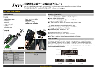 SHENZHEN IJOY TECHNOLOGY CO.,LTD
Add:3/F,13#Building,Hengmingzhu Tech.Industrial Park,Xiangxing Rd,Shajing,Baoan Dist,Shenzhen,P.R.China
Tel: 0086-755-33116778 Fax:0086-755-33115757 Website: www.ijoycig.com
IJOY Asolo 200W Box Mod
CONFIGURATIONS Technical Specifications:
IJ-Asolo ● Sreen size: 0.91"OLED Size: 90*50*24mm /3.54*1.96*0.94 inches
● Output Wattage: 5watts-200watts
● Output Voltage: 1.0Volts-8.0Volts Output Current: 1.0A-35A
● Temperature Range(Ti/Ni):250℉-600℉
● TC mode on Nickel and Titanium wire Resistance Range: 0.1ohm-1.0ohm
TC mode on common wire Resistance Range: 0.1ohm-2.5ohm
TC mode on Kanthal wire resistance Range: 0.5ohm-2.5ohm
● Wattage control mode wire Resistance Range: 0.1ohm-3.0ohm
● Wide range modes: 80%~81%......~109%~110%
● Power efficiency: 98% Temp accuracy: 2‰
● Material: High Aluminum body
● Adjust power method: up and down button
● Heating coil material: support almost all kinds of exist wires.
● Charging way: take out the battery and charged by 18650 charger.
● Dual 18650 in series-Only use High-AMP batteries(battery not included)
1× Asolo 200W Device
1× 510 tread
1× Manual
1× Warranty card
1× Gift box
1×Silicone Case
Carton Size:49×35.5×38.5cm
50set/carton
Weight Per Set:350g
Available Color: Black Sliver
MAIN FEATURES:
IJOY Asolo is a truly one of a kind device beyond all the temperate control devices. It features temp
control apply to all wire material,not only supports Ti (Titanium),Ni (Nickel 200), and VW(Variable
Wattage),but also designed with a special TC mode supports all exist wires includes kanthal. balanced
perfectly for power and convenience. This device is powed by W200TC-VO1 mini processor which
provide intelligence power regulation.
Quotation(US$)
Quantity(Sets) Price Suggest Retail Price
20~99 US$75.00 US$139
100~499 US$68.00
500~999 US$63.50
1000-2999 US$60.00
www.ijoycig.com
 