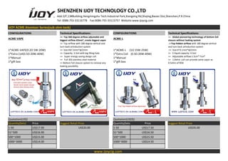 SHENZHEN IJOY TECHNOLOGY CO.,LTD
Add:3/F,13#Building,Hengmingzhu Tech.Industrial Park,Xiangxing Rd,Shajing,Baoan Dist,Shenzhen,P.R.China
Tel: 0086-755-33116778 Fax:0086-755-33115757 Website:www.ijoycig.com
IJOY ACME Atomizer Series(sub ohm tank)
CONFIGURATIONS Technical Specifications: CONFIGURATIONS Technical Specifications:
ACME-VAPE
>> Top 360 degree airflow adjustable and
biggest airflow 42mm², create biggest vapor
>> Top airflow with 180 degree vertical and
turn back airinduction system
>> Size:H67.3mm*φ22mm
>> Capacity: 3.5ml with big filling hole
>> Super energy saving design coil.
>> Full 303 stainless steel material
>> Bottom full closure system to remove any
leaking possibility
ACME-L
>> Global pioneering technology of bottom full
closure without leaking system
.>>Top hidden airflow with 180 degree vertical
and turn back airinduction system
.>> Size:H73.1mm*φ22mm
>> E-liquid capacity: 4.5ml
>> Adjustable airflow:1.5cm³~7cm³
>> 1.0ohm coil can provide same vapor as
0.5ohm of RDA
1*ACME-VAPE(0.2Ω 5W-20W)
1*Extra Coil(0.5Ω 20W-40W)
1*Manual
1*gift box
1*ACME-L (1Ω 15W-25W)
1*Extra Coil (0.5Ω 20W-40W)
1*Manual
1*gift box
Quotation(US$) Quotation(USD$)
Quantity(Sets) Price Suggest Retail Price Quantity(Sets) Price Suggest Retail Price
1-50 US$17.00 US$33.00 1-50 US$17.50 US$35.00
51~500 US$16.00 51~500 US$16.50
500~1000 US$15.00 500~1000 US$15.50
1000~3000 US$14.00 1000~3000 US$14.50
www.ijoycig.com
 