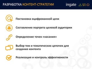 РАЗРАБОТКА КОНТЕНТ-СТРАТЕГИИ
Постановка оцифрованной цели
Составление портрета целевой аудитории
Определение точек «касания»
Выбор тем и тематических цепочек для
создания контента
Реализация и контроль эффективности
 