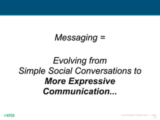 KPCB INTERNET TRENDS 2016 | PAGE
100
Messaging =
Evolving from
Simple Social Conversations to
More Expressive
Communicatio...