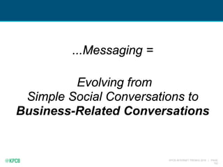 KPCB INTERNET TRENDS 2016 | PAGE
102
...Messaging =
Evolving from
Simple Social Conversations to
Business-Related Conversa...