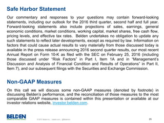 © 2016 Belden Inc. | belden.com | @BeldenInc 25
Our commentary and responses to your questions may contain forward-looking
statements, including our outlook for the 2016 third quarter, second half and full year.
Forward-looking statements also include projections of sales, earnings, general
economic conditions, market conditions, working capital, market shares, free cash flow,
pricing levels, and effective tax rates. Belden undertakes no obligation to update any
such statements to reflect later developments, except as required by law. Information on
factors that could cause actual results to vary materially from those discussed today is
available in the press release announcing 2016 second quarter results, our most recent
Annual Report on Form 10-K as filed with the SEC on February 25, 2016 (including
those discussed under “Risk Factors” in Part I, Item 1A and in “Management’s
Discussion and Analysis of Financial Condition and Results of Operations” in Part II,
Item 7), and our subsequent filings with the Securities and Exchange Commission.
Safe Harbor Statement
Non-GAAP Measures
On this call we will discuss some non-GAAP measures (denoted by footnote) in
discussing Belden’s performance, and the reconciliation of those measures to the most
comparable GAAP measures is contained within this presentation or available at our
investor relations website, investor.belden.com.
 