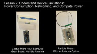 Lesson 2: Understand Device Limitations:
Power Consumption, Networking, and Compute Power
Cactus Micro Rev1 ESP8266
Great ...