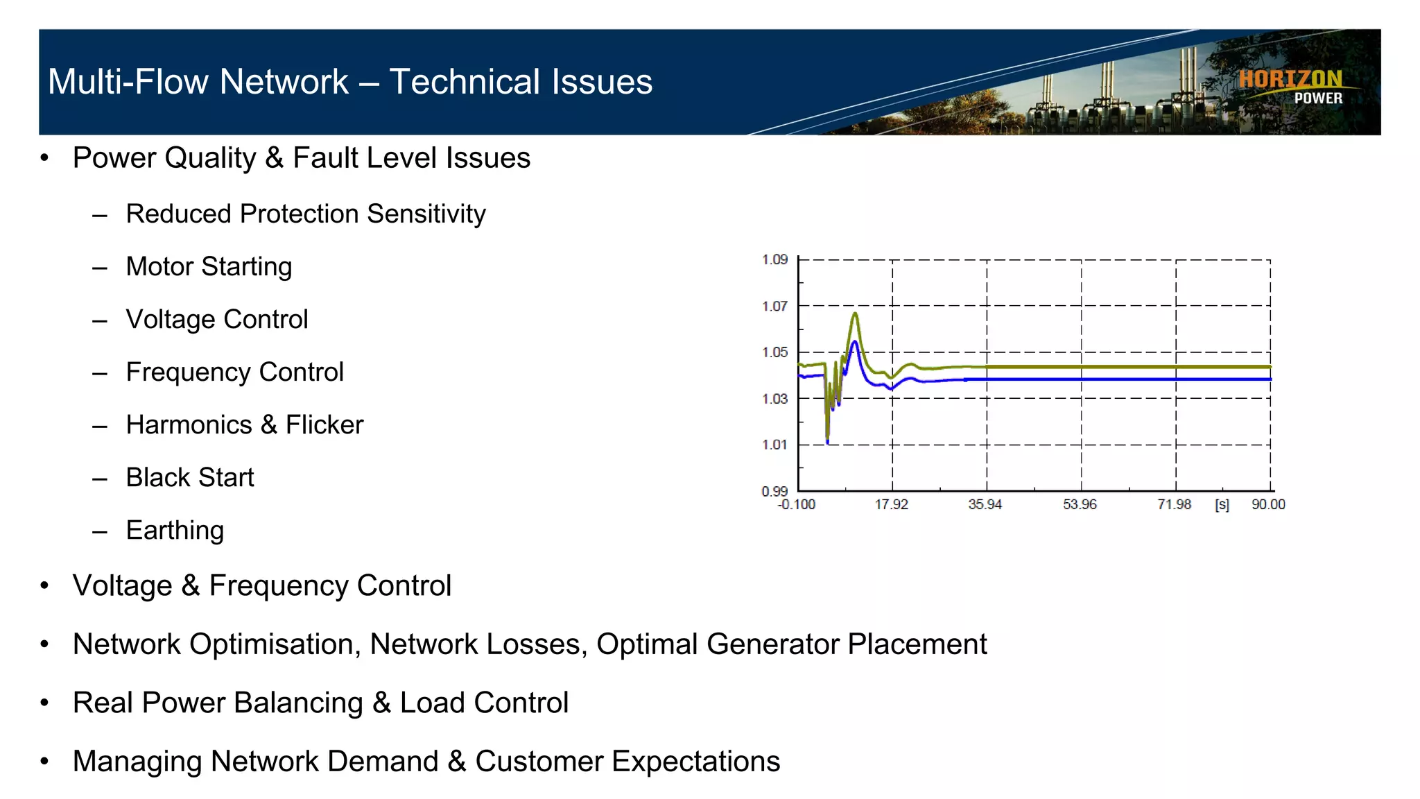 Multi-Flow Network – Technical Issues
• Power Quality & Fault Level Issues
– Reduced Protection Sensitivity
– Motor Starting
– Voltage Control
– Frequency Control
– Harmonics & Flicker
– Black Start
– Earthing
• Voltage & Frequency Control
• Network Optimisation, Network Losses, Optimal Generator Placement
• Real Power Balancing & Load Control
• Managing Network Demand & Customer Expectations
 