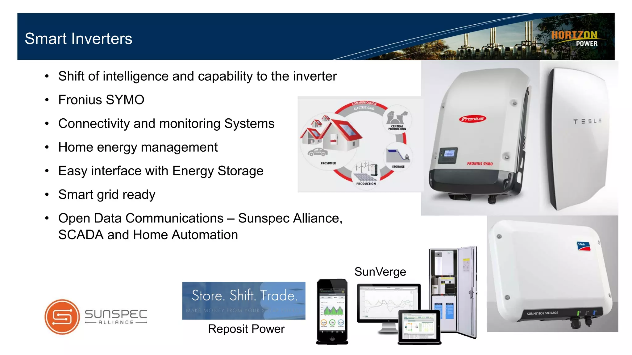 Smart Inverters
• Shift of intelligence and capability to the inverter
• Fronius SYMO
• Connectivity and monitoring Systems
• Home energy management
• Easy interface with Energy Storage
• Smart grid ready
• Open Data Communications – Sunspec Alliance,
SCADA and Home Automation
Reposit Power
SunVerge
 