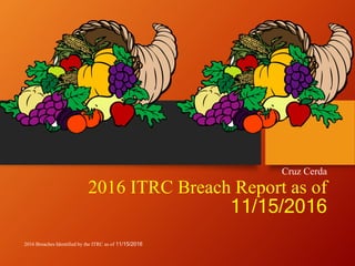 2016 ITRC Breach Report as of
11/15/2016
Cruz Cerda
2016 Breaches Identified by the ITRC as of 11/15/2016
 