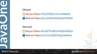 JavaOne
#RESTSecurity @dblevins @tomitribe
Old pair
• Access Token 2YotnFZFEjr1zCsicMWpAA
• Refresh Token tGzv3JOkF0XG5Qx2TlKWIA
New pair
• Access Token 6Fe4jd7TmdE5yW2q0y6W2w
• Refresh Token hyT5rw1QNh5Ttg2hdtR54e
 