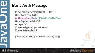 JavaOne
#RESTSecurity @dblevins @tomitribe
Basic Auth Message
POST /painter/color/object HTTP/1.1
Host: localhost:8443
Authorization: Basic c25vb3B5OnBhc3M=
User-Agent: curl/7.43.0
Accept: */*
Content-Type: application/json
Content-Length: 45
{"color":{"b":255,"g":0,"name":"blue","r":0}}
 