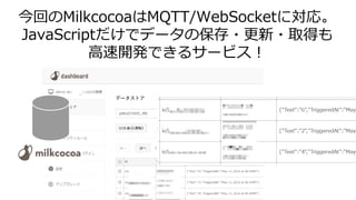今回のMilkcocoaはMQTT/WebSocketに対応。
JavaScriptだけでデータの保存・更新・取得も
高速開発できるサービス！
 