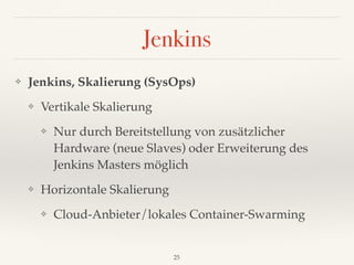 Jenkins
❖ Jenkins, Skalierung (SysOps)
❖ Vertikale Skalierung
❖ Nur durch Bereitstellung von zusätzlicher
Hardware (neue Slaves) oder Erweiterung des
Jenkins Masters möglich
❖ Horizontale Skalierung
❖ Cloud-Anbieter/lokales Container-Swarming
25
 