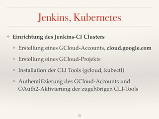 Jenkins, Kubernetes
❖ Einrichtung des Jenkins-CI Clusters
❖ Erstellung eines GCloud-Accounts, cloud.google.com
❖ Erstellung eines GCloud-Projekts
❖ Installation der CLI Tools (gcloud, kubectl)
❖ Authentiﬁzierung des GCloud-Accounts und
OAuth2-Aktivierung der zugehörigen CLI-Tools
32
 