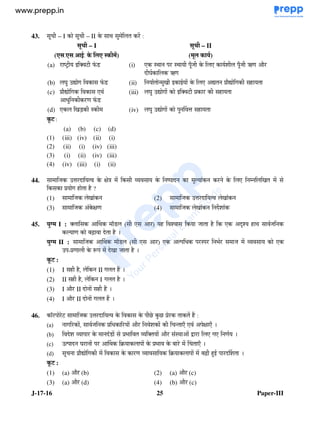 J-17-16 25 Paper-III
43. +/ – I +/ – II 5 % ?
– I
(/ 0/ 0' 1)0 & / .)
– II
( & ! ))
(a) % 67h ) 7 DC (i) > 5 % 5 +R@ > +R@ ‚ '%
4 ^ ‚
(b) ^ $g DC (ii) & > g 'g
(c) 'g >
" % D C
(iii) ^ $g ) 7 %
(d) > & C9 (iv) ^ $g H E
(a) (b) (c) (d)
(1) (iii) (iv) (ii) (i)
(2) (ii) (i) (iv) (iii)
(3) (i) (ii) (iv) (iii)
(4) (iv) (iii) (i) (ii)
44. @ $E %4 F 6 4 + % > &
' -
(1) @ & (2) @ $E %4 &
(3) @ F (4) @ & 4X
45. ! 2 I : ) H5 SC ! > %# @ ' > d 5 @
89 4 '
! 2 II : @ H5 SC ! > %# > " % % ( % @ >
$ A 4& @ '
:
(1) I ': II
(2) II ': I '
(3) I '% II 4
(4) I '% II 4
46. S% %7 @ $E %4 ; ; % ?
!J# % : @ " % '% / >R > F >R
!K# 4 % 4C ( ) '% 5 N % > >
!L# $ 4 ^ % % H5 G ( % / >R
!M# +/ 'g % G 89 %4H
:
(1) (a) '% (b) (2) (a) '% (c)
(3) (a) '% (d) (4) (b) '% (c)
www.examrace.com
 