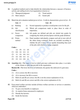 Paper-III 8 J-17-16
12. A graphical method used to help identify the relationship between a measure of business
activity and staffing levels of an organization is known as :
(1) Managerial judgment (2) Trend analysis
(3) Ratio analysis (4) Scatter plot
13. Match the job evaluation method given in List – I with its characteristics given in List – II.
List – I List – II
(a) Ranking (i) Scored separately to produce overall points score for the job.
(b) Job
classification
(ii) Whole job comparisons made to place them in order of
importance.
(c) Factor
comparison
(iii) Job grades are defined and jobs are slotted into grades by
comparing the whole job description with the grade definition.
(d) Points
method
(iv) Panel members individually compare each job in turn with all
the others being evaluated. Points are awarded according to
whether the job is more, less or equally demanding than each
of the jobs with which it is being compared.
Codes :
(a) (b) (c) (d)
(1) (iii) (ii) (iv) (i)
(2) (i) (ii) (iii) (iv)
(3) (ii) (iii) (iv) (i)
(4) (ii) (iv) (iii) (i)
14. Assertion (A) : The stage or level at which grievance settlement takes place, is an index
of the climate or spirit that prevails in the organisation.
Reason (R) : The lower the level of settlement, the quicker the redressal of a grievance.
Codes :
(1) (A) is correct, but (R) is incorrect.
(2) (A) is incorrect, but (R) is correct.
(3) Both (A) and (R) are correct, but (R) is not the correct explanation of (A).
(4) Both (A) and (R) are correct and (R) is the correct explanation of (A).
15. Extra-mural welfare activities include all those welfare activities or services or amenities,
which are undertaken :
(1) To give extra benefits to employees
(2) As surprise bonus announced to employees
(3) Outside the factories
(4) Inside the factories
www.examrace.com
 