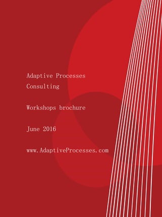 2016 Adaptive Workshops
Experience excellence Page 1 of 10
Adaptive Processes
Consulting
Workshops brochure
June 2016
www.AdaptiveProcesses.com
 
