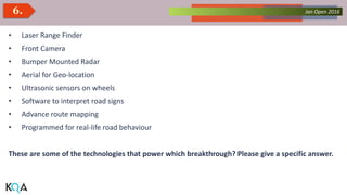 Collected Works – asKQAnce 2014Jan Open 20166.
• Laser Range Finder
• Front Camera
• Bumper Mounted Radar
• Aerial for Geo-location
• Ultrasonic sensors on wheels
• Software to interpret road signs
• Advance route mapping
• Programmed for real-life road behaviour
These are some of the technologies that power which breakthrough? Please give a specific answer.
 